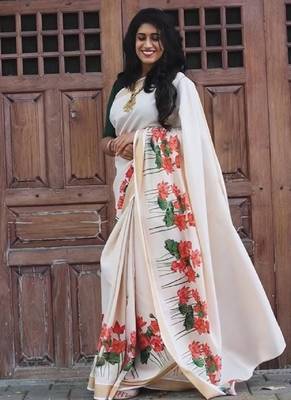 chiku-red green flower digital printed linen cotton blend sarees 2
