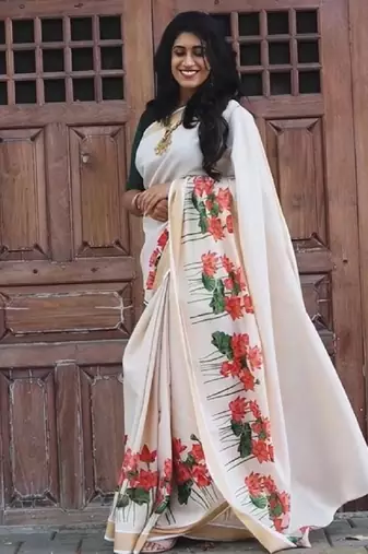 chiku-red green flower digital printed linen cotton blend sarees