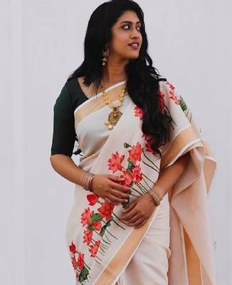 chiku-red green flower digital printed linen cotton blend sarees 3