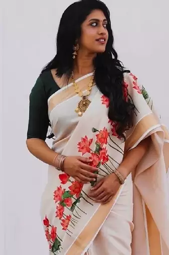 chiku-red green flower digital printed linen cotton blend sarees
