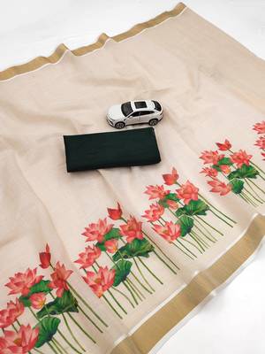 chiku-red green flower digital printed linen cotton blend sarees 4