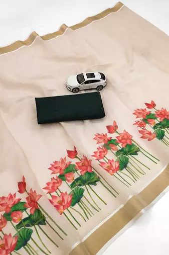 chiku-red green flower digital printed linen cotton blend sarees