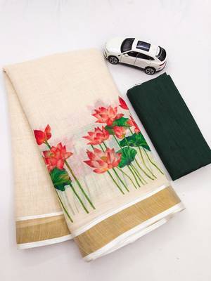 chiku-red green flower digital printed linen cotton blend sarees 5