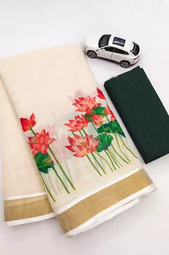 chiku-red green flower digital printed linen cotton blend sarees