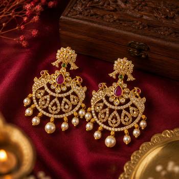 Gold plated cz chandbali earrings with pearls for women | traditional bridal jewelry 1