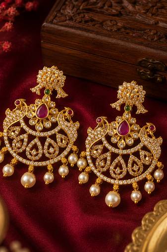 Gold plated cz chandbali earrings with pearls for women | traditional bridal jewelry