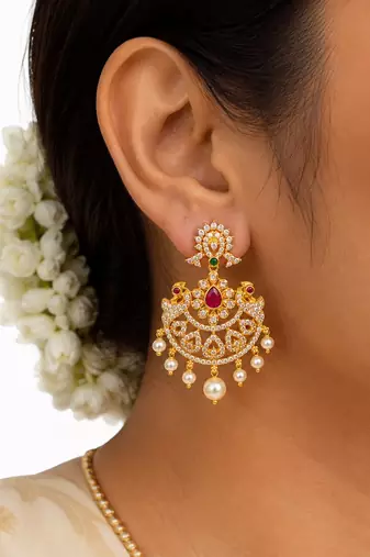 Gold plated cz chandbali earrings with pearls for women | traditional bridal jewelry