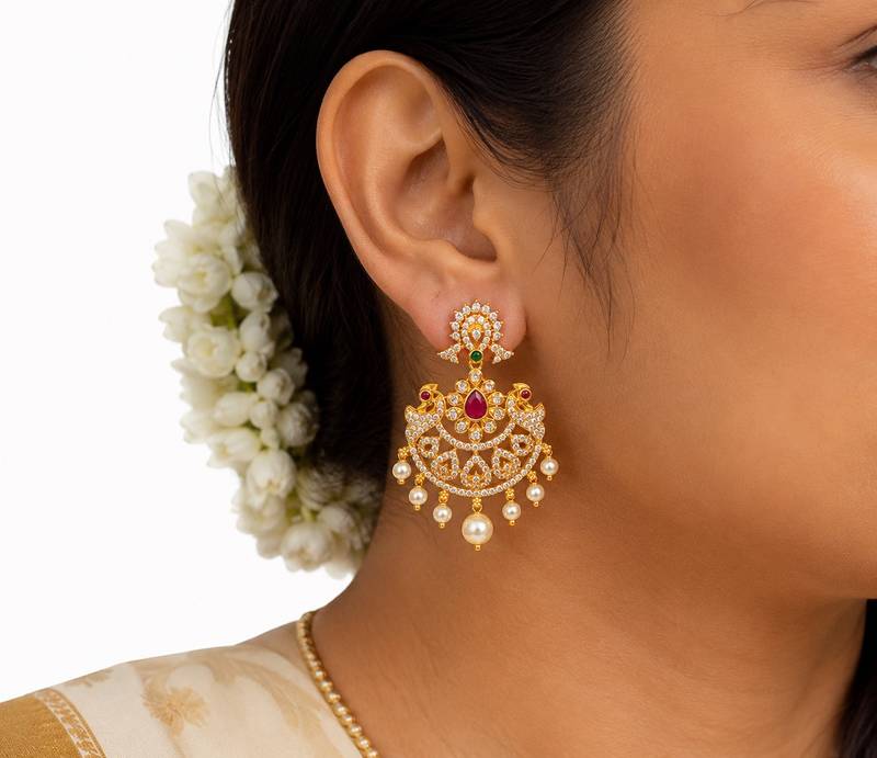 Gold plated cz chandbali earrings with pearls for women | traditional bridal jewelry