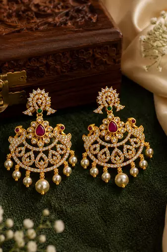 Gold plated cz chandbali earrings with pearls for women | traditional bridal jewelry