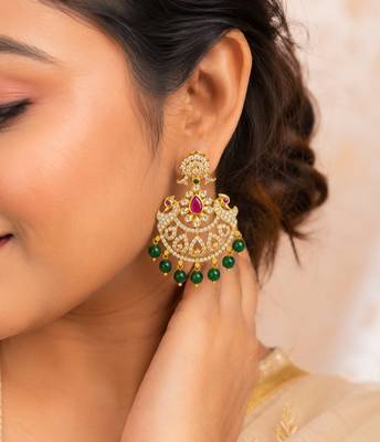 Gold plated cz chandbali earrings with green beads for women | bridal ethnic jewelry 1