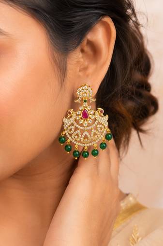 Gold plated cz chandbali earrings with green beads for women | bridal ethnic jewelry