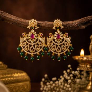 Gold plated cz chandbali earrings with green beads for women | bridal ethnic jewelry 2