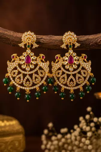 Gold plated cz chandbali earrings with green beads for women | bridal ethnic jewelry