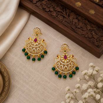 Gold plated cz chandbali earrings with green beads for women | bridal ethnic jewelry 4
