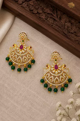 Gold plated cz chandbali earrings with green beads for women | bridal ethnic jewelry