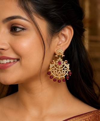 Gold plated cz chandbali earrings with ruby beads for women | bridal ethnic jewelry 1
