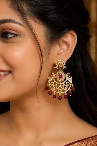 Gold plated cz chandbali earrings with ruby beads for women | bridal ethnic jewelry