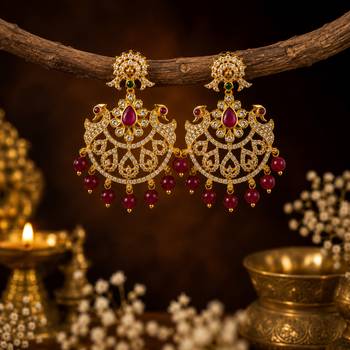 Gold plated cz chandbali earrings with ruby beads for women | bridal ethnic jewelry 2