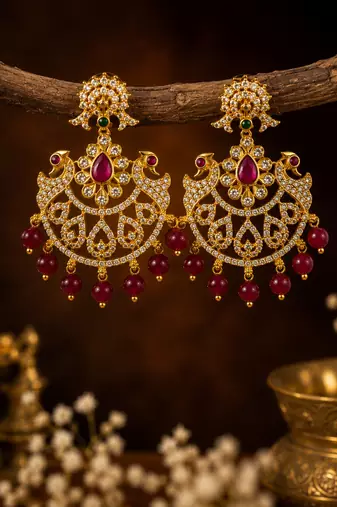 Gold plated cz chandbali earrings with ruby beads for women | bridal ethnic jewelry