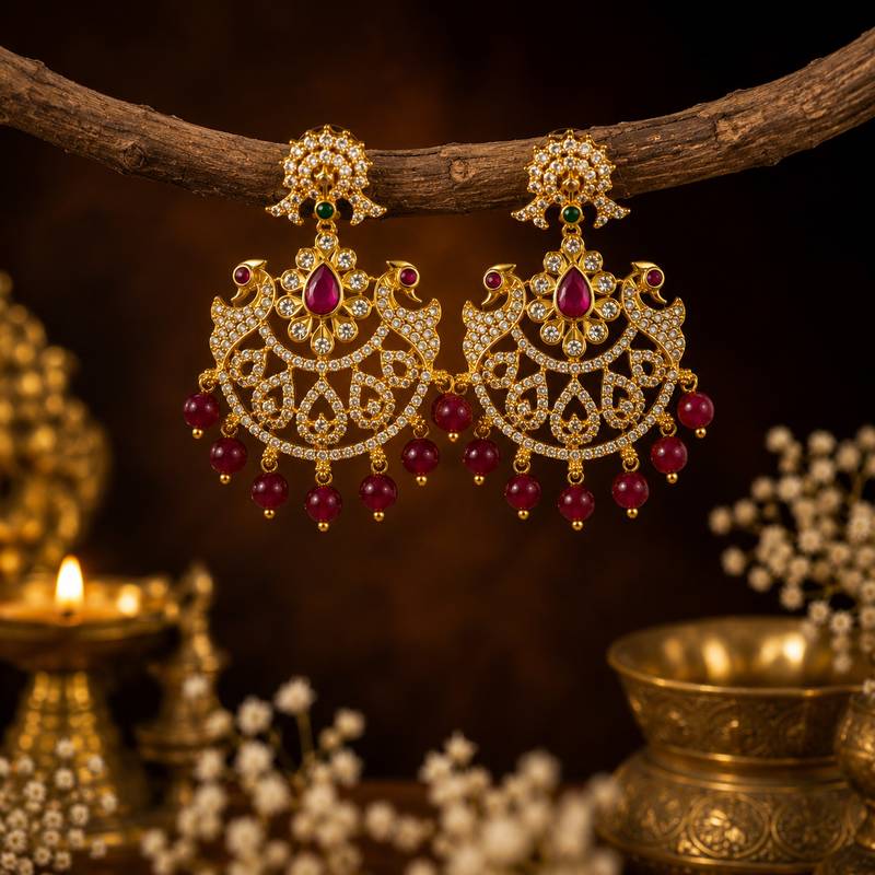 Gold plated cz chandbali earrings with ruby beads for women | bridal ethnic jewelry