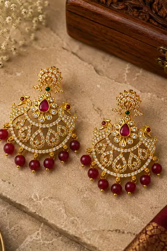 Gold plated cz chandbali earrings with ruby beads for women | bridal ethnic jewelry