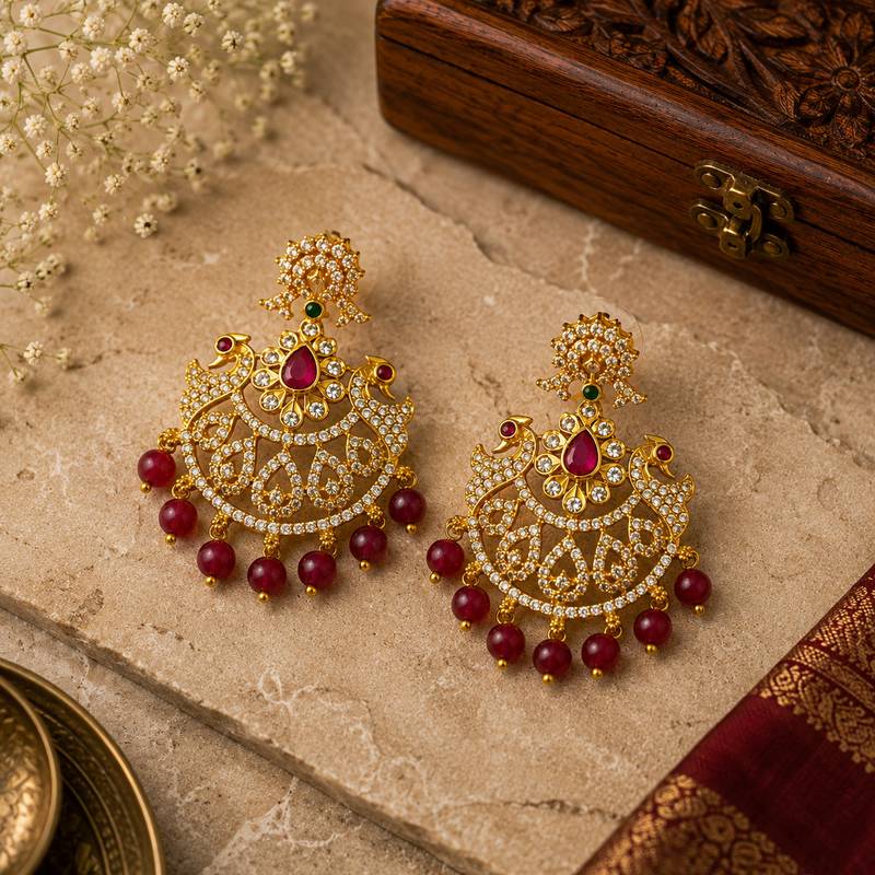 Gold plated cz chandbali earrings with ruby beads for women | bridal ethnic jewelry
