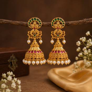 Gold plated kemp jhumka earrings with pearls | south indian temple jewelry for women 1