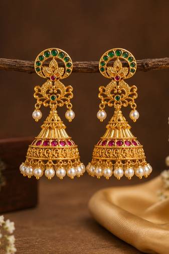 Gold plated kemp jhumka earrings with pearls | south indian temple jewelry for women