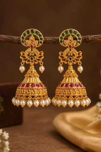 Gold plated kemp jhumka earrings with pearls | south indian temple jewelry for women