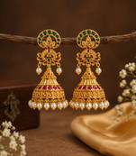Gold plated kemp jhumka earrings with pearls | south indian temple jewelry for women