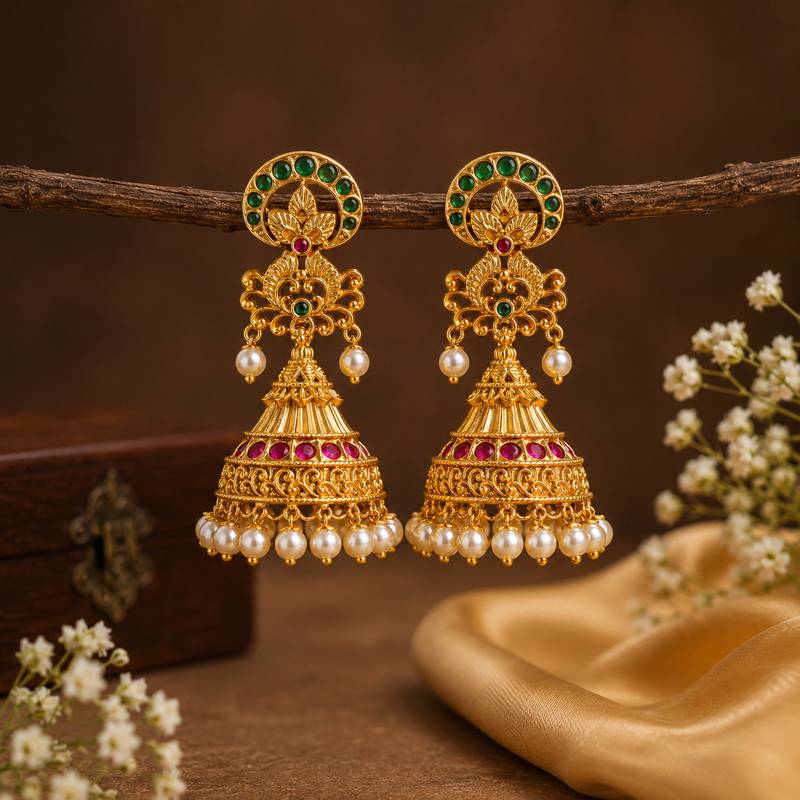 Gold plated kemp jhumka earrings with pearls | south indian temple jewelry for women