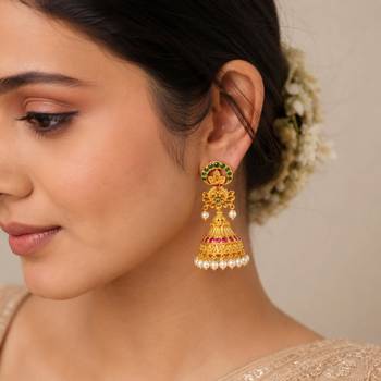 Gold plated kemp jhumka earrings with pearls | south indian temple jewelry for women 2