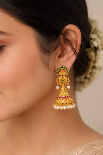 Gold plated kemp jhumka earrings with pearls | south indian temple jewelry for women
