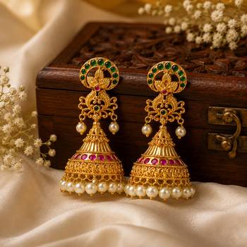 Gold plated kemp jhumka earrings with pearls | south indian temple jewelry for women 4