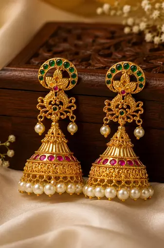 Gold plated kemp jhumka earrings with pearls | south indian temple jewelry for women