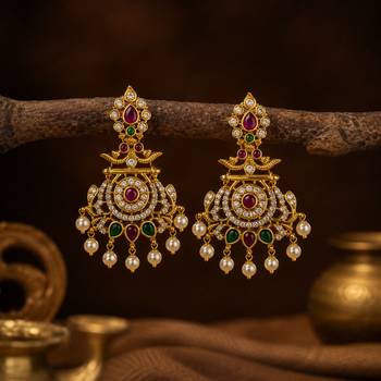 Gold plated cz chandbali earrings with pearls | south indian temple jewelry for women 1
