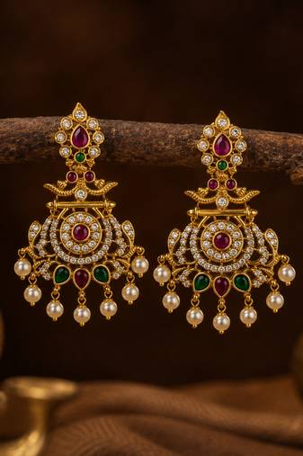 Gold plated cz chandbali earrings with pearls | south indian temple jewelry for women
