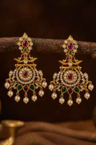 Gold plated cz chandbali earrings with pearls | south indian temple jewelry for women