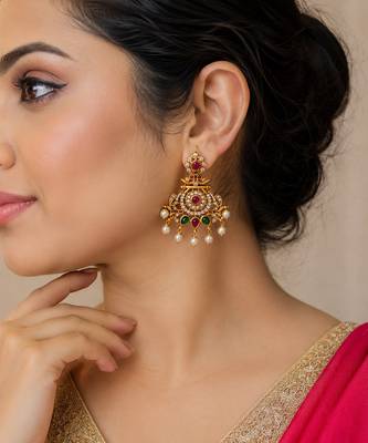 Gold plated cz chandbali earrings with pearls | south indian temple jewelry for women 2