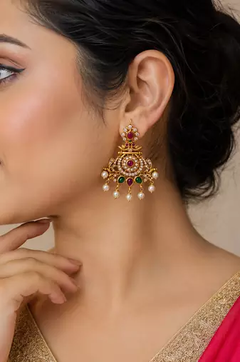 Gold plated cz chandbali earrings with pearls | south indian temple jewelry for women