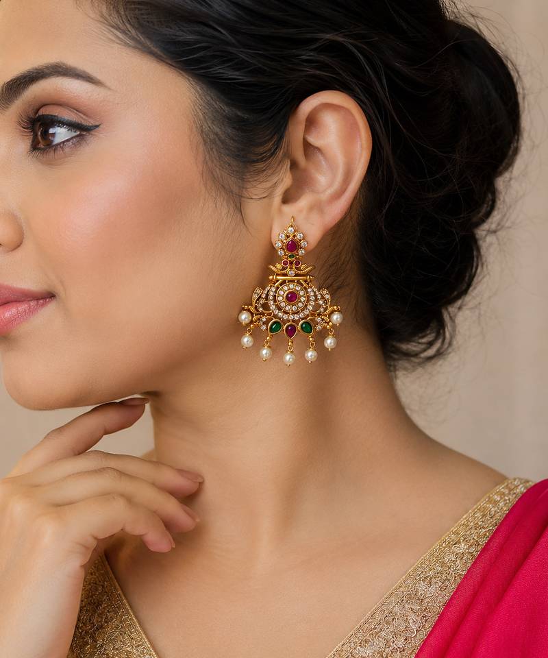Gold plated cz chandbali earrings with pearls | south indian temple jewelry for women