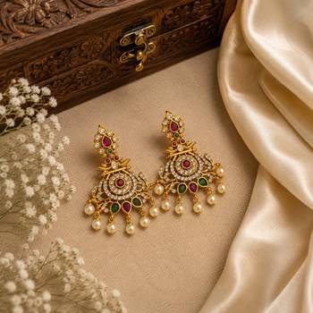 Gold plated cz chandbali earrings with pearls | south indian temple jewelry for women 4