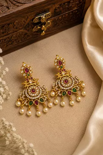 Gold plated cz chandbali earrings with pearls | south indian temple jewelry for women