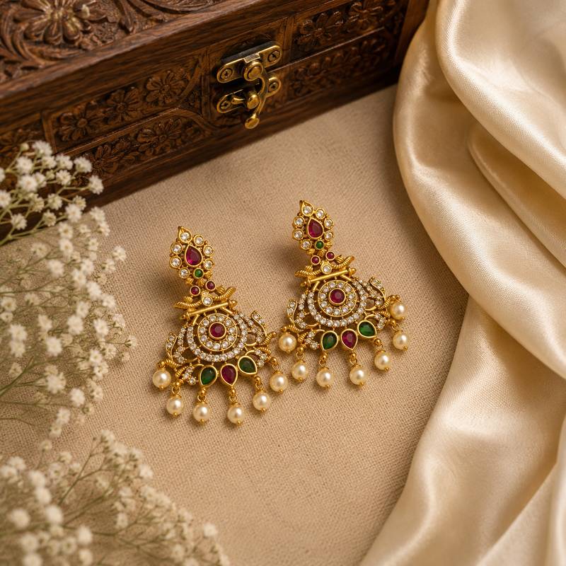 Gold plated cz chandbali earrings with pearls | south indian temple jewelry for women