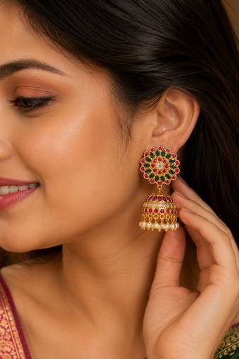 Gold plated kemp floral jhumka earrings with pearls | south indian temple jewelry
