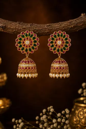 Gold plated kemp floral jhumka earrings with pearls | south indian temple jewelry