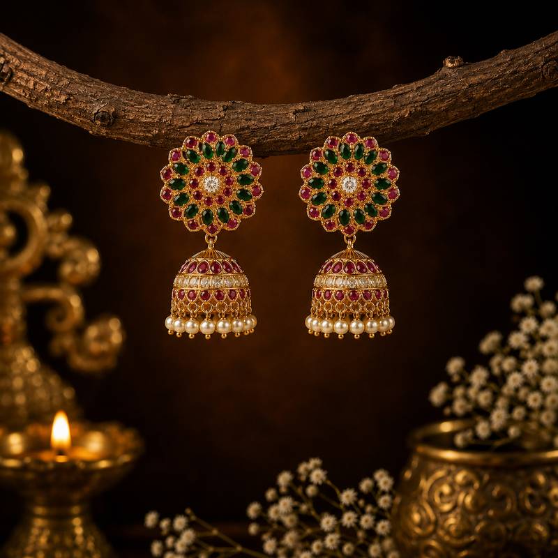 Gold plated kemp floral jhumka earrings with pearls | south indian temple jewelry