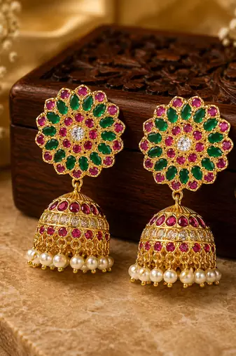 Gold plated kemp floral jhumka earrings with pearls | south indian temple jewelry