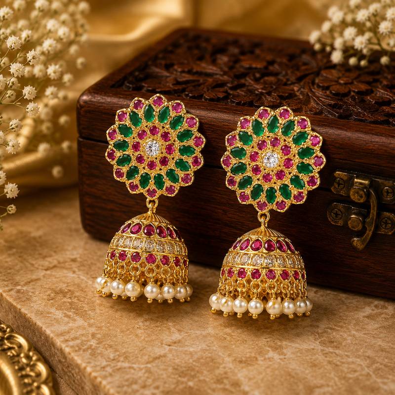 Gold plated kemp floral jhumka earrings with pearls | south indian temple jewelry