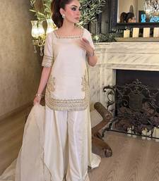 Cream chinon silk embroidery kurta palazzo set with organza dupatta